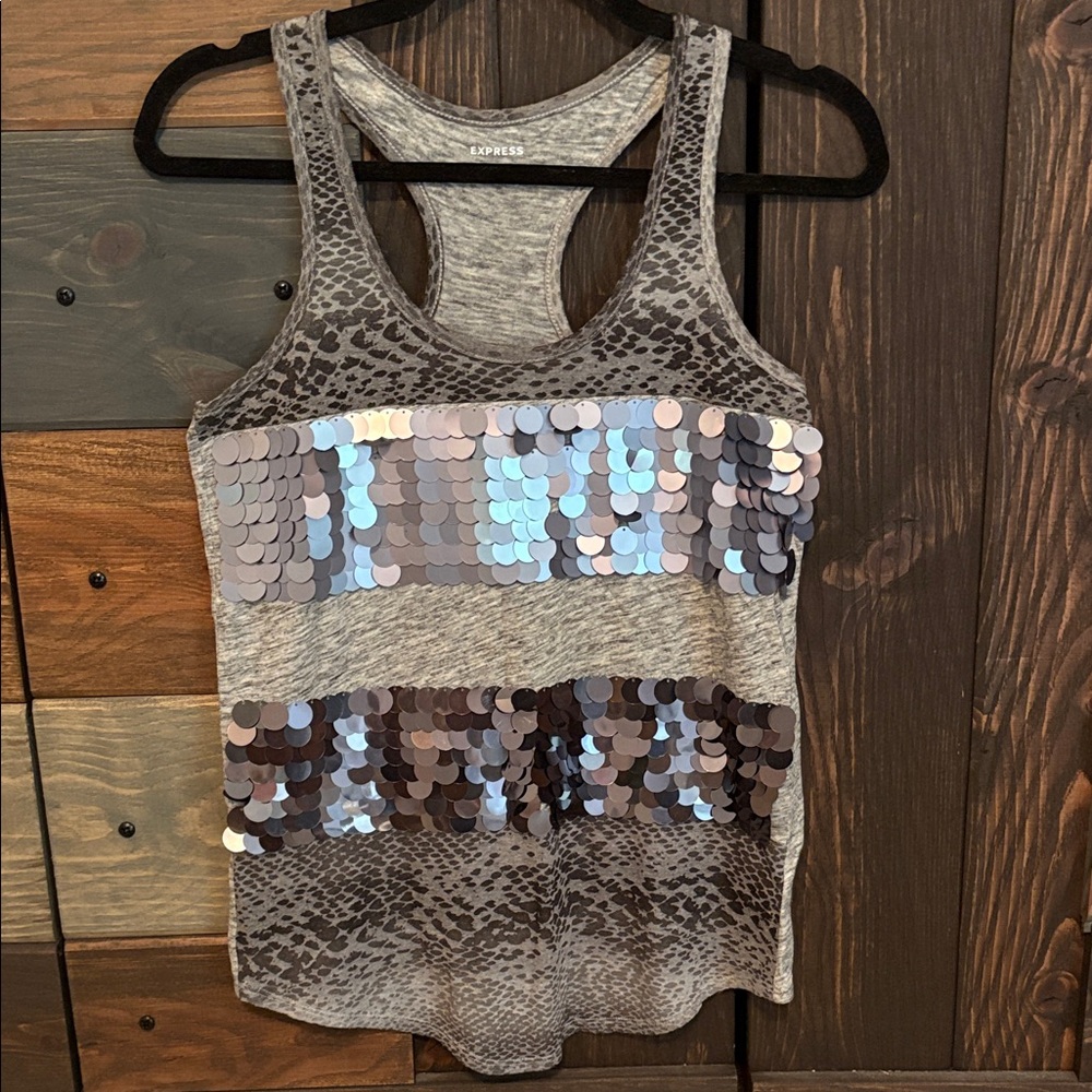 Express Gray and Blue Sequin Tank Top